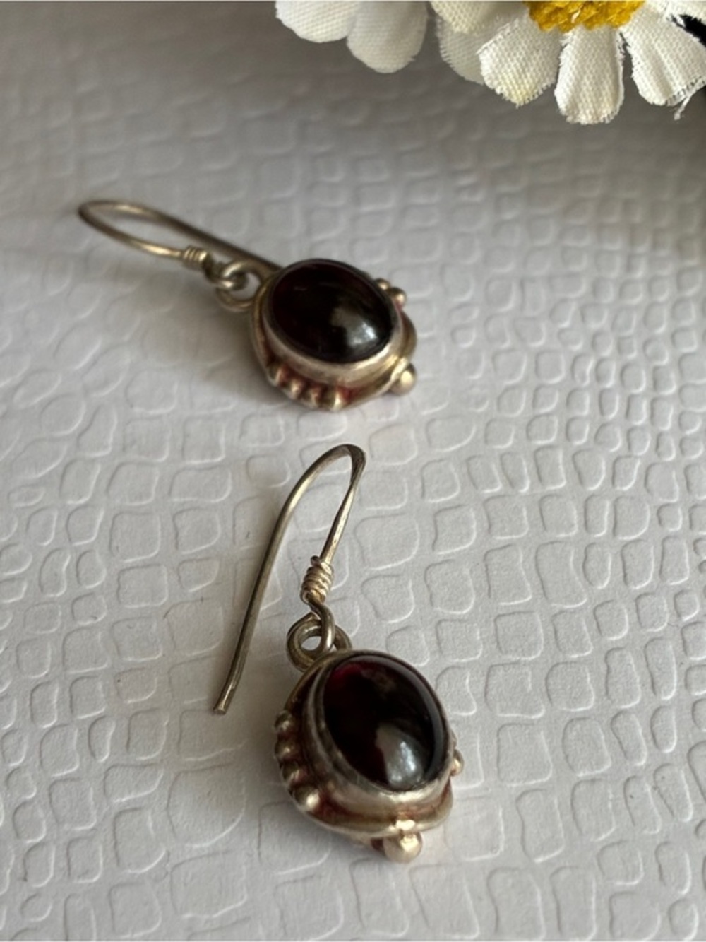 925 Sterling Silver Garnet Red Cabochon Drop Earrings
